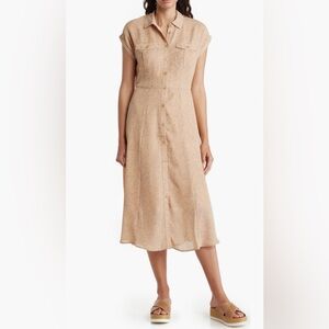 Lucky Brand Tan cream and pink Leopard print Short Sleeve Midi Shirtdress